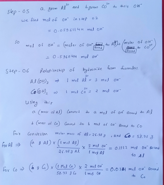 2 + a. gram Al and begram Step-05 co to their of we find mod of our in step 02 = 0-0596114u mal on mol of Bound oh = (moles o