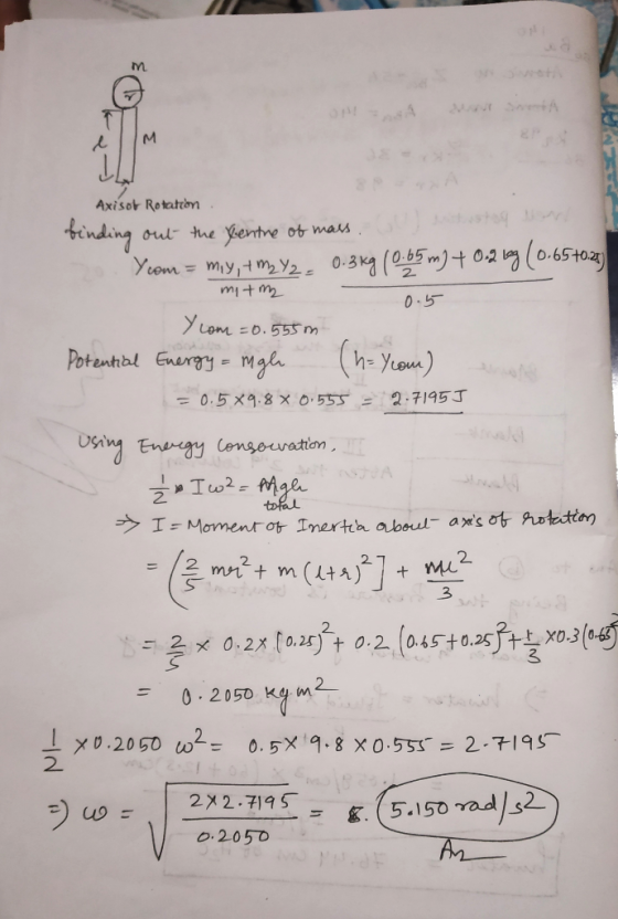 JL Axisot Rotation binding out the Xentre of mass. Yeom = miy,+ m2 Y2 . 0.3 kg (065m) + 0.2.19 (0.657027 mit me - 0.5 Y com