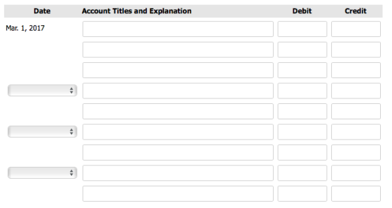 Date Account Titles and Explanation Debit Credit Mar. 1, 2017