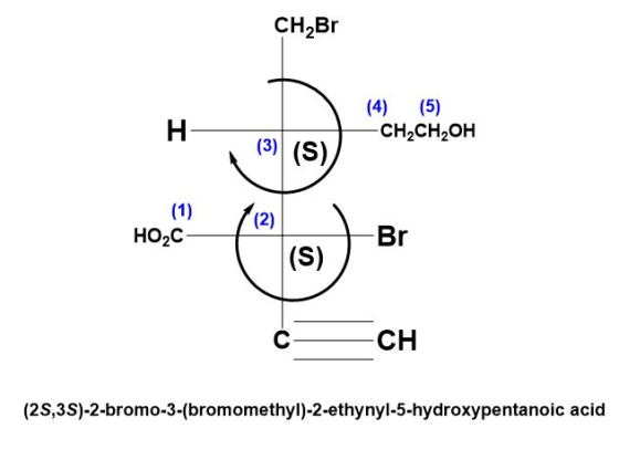 CH,Br (4) (5) -CH2CH2OH 3) (s) HO2C -CH (2S,3S)-2-bromo-3-(bromomethyl)-2-ethynyl-5-hydroxypentanoic acid