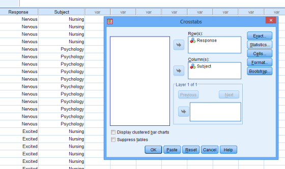 var var v ar var v ar var var var Crosstabs Row(s): Response Exact... Statistics... Cells... Column(s): Subject Format... Boo