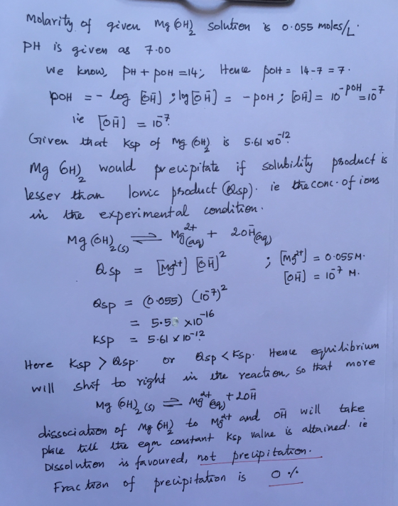 Molarity 어 geven mg @h! Solut en飞0.055 molesん. pH is given ag Given that ksp of r (62 is s.6txo M 6H) would onic baduc un e e