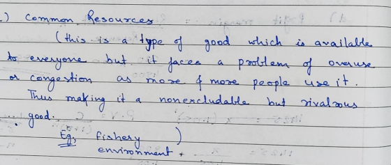 Common _) Resources (this is a type of type of good which is available to everyone but it faces a problem of congestion more