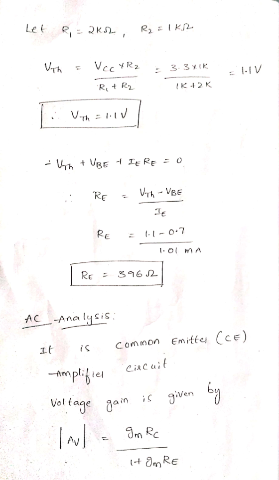 Let R = 2K2 R2 = UKS With = Vcc 4R.2 3.341K . R, + R2 1K+2K Ti Ven=nul Uth + UBE TIERE = 0 : RE = With-UBE IE RE = 1.1-0.7 1.