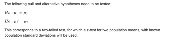 The following null and alternative hypotheses need to be tested: Ho: M1 = 42 Ha: MY = H2 This corresponds to a two-tailed tes