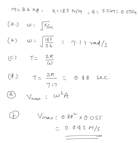 M=3.6 kg ; K=185 N/M ; A=5.5cm=0.055m (a.) w = 5km (b) w ho = 7.17 rads (6) T= 20 (d.) T= 2A = 0.88 see. © Vinax = W²A 7.17