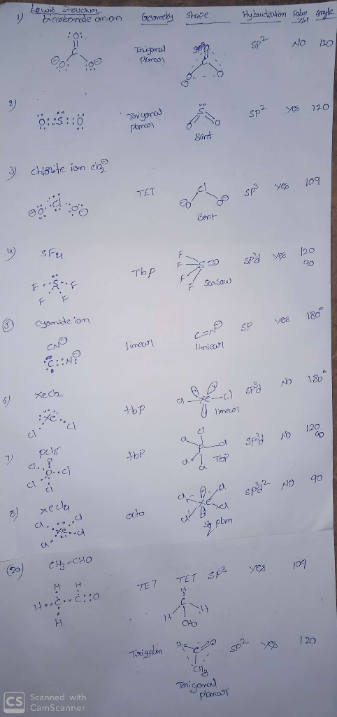 1) Lowis Stouchur bicarbonate anion Geomety shape Hy boucitation Roboy angle sp² no 120 Toligonal sp² Yes 220 0:05:10 Plomon