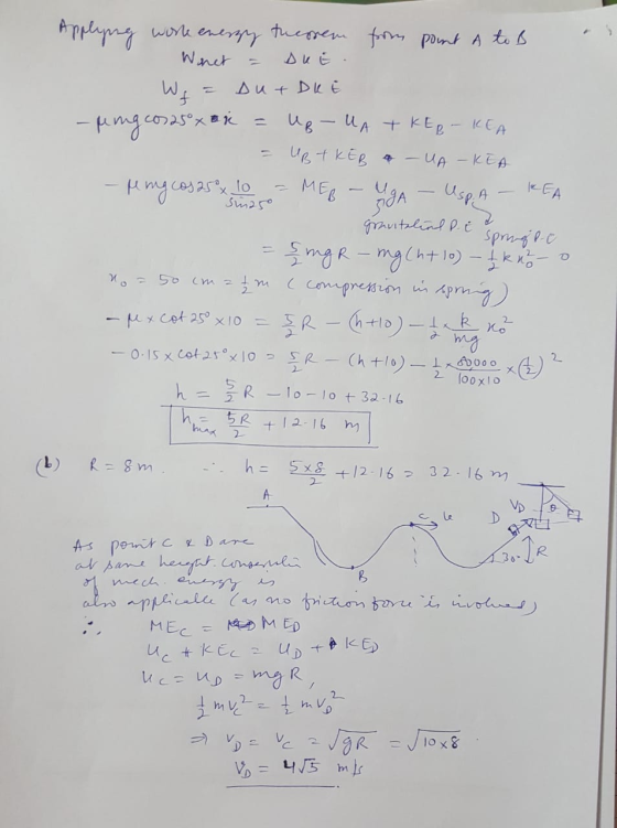 ( sme Applying work energy theorem from pont A to B - - Wonet = DUE. - We = DutDKE - pengco 25 x 4 = UB-UATKER - KEA = UBT KE