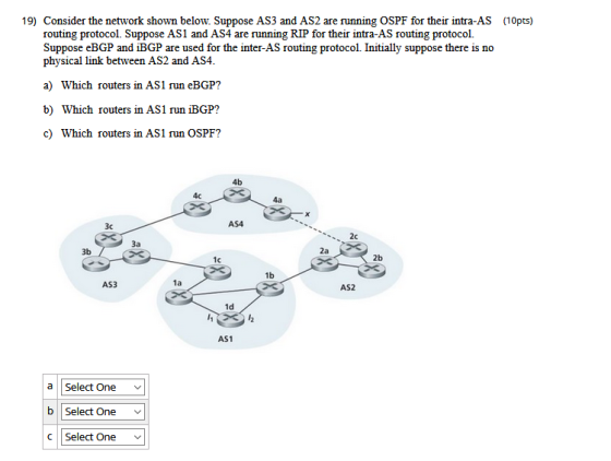 19) Consider the network shown below. Suppose AS3 and AS2 are running OSPF for their intra-AS (10pts) routing protocol. Suppo
