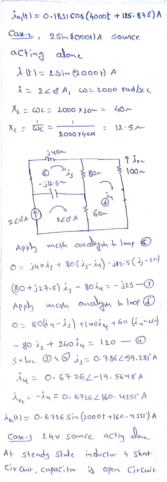 lolt) = 0.183) Cos (4000+ + 125.873) A Caxy, 2 Sim 00001) A 2 Sin Qosot) A sowice alone acting istl=asin (2000H A i= 2LOA, w=
