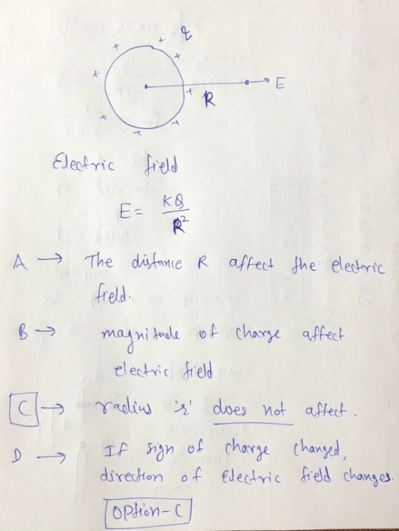 Electric field E= kg A The distance R affect the electric field. magnitude of charge affect electric field radius į does not