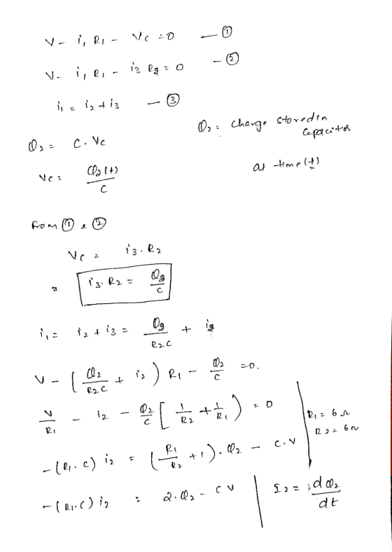 voi, Ri - Vc =0 V. Q- is lg = 0 3 ise iz tis Or= charge stored in Capacitor 0,- c. Vc Cla (4) at timelt) ve: from ☺ e 13. R2