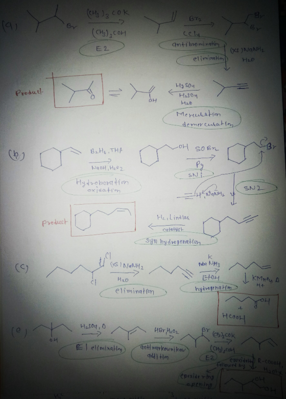 4) -7 (CM)COH Cely antibromination (XSJNGNH2 E 2 eliminatn Product Hasoy Merukation demercutatim BHe THA NacH, Heo2 SNi Hydao
