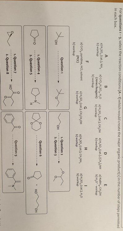 For questions 1-9, select the reaction conditions (A-1) which would create the major organic product(s) in the number of step