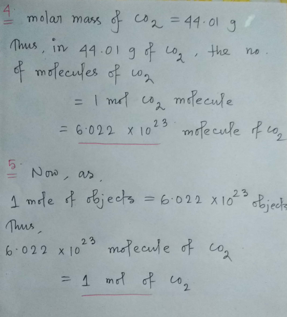 A molar mass of co2 = 44.01 g Thus, in 44.01 g of cog, the no. of molecules of con = 1 mol coa molecule = 6:022 x 1023 molecu