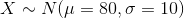 X \sim N(\mu = 80, \sigma = 10 )