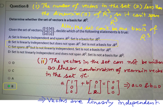 Determine whether the set of vectors is a basis for R. Questions (1) The number of vectors in the set (2) less than the dimen
