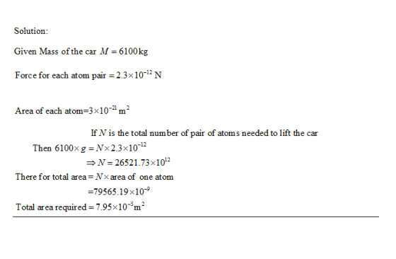 Solution Given Mass of the car M 6100kg Force for each atom pair -2.3x10- N Area of each atom=3 x 10-21 m If N is the total n