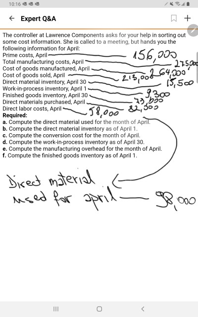 10:16 Expert Q&A + 156,000 213,00264200 The controller at Lawrence Components asks for your help in sorting out some cost inf