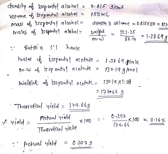 density of sopentyl alcohol = 0.815 910m3 volume of sopentyl alcohol = 150mL mass ab. Hopentan alcohol - density X volume = 0