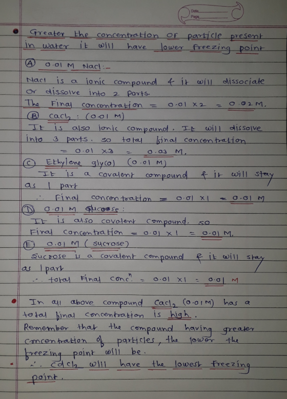 Greater the concentration or particle present in water it will have lower freezing point 0 0.01 M Nac! :- Nach is a sonic com