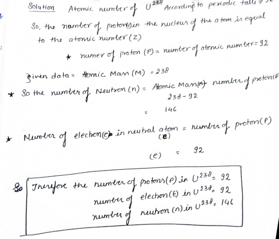 Solution Atomic number of U23 According to periodic talle 7 JI So, the namber of protemp in the nucleus of the atom is equal