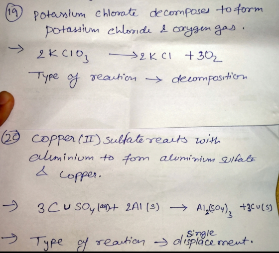 Potassium Chlorate de composes to form potassium chloride & oxygen gas. » 2kcio -> 2K Cl +30 Type of reaution y decomposition