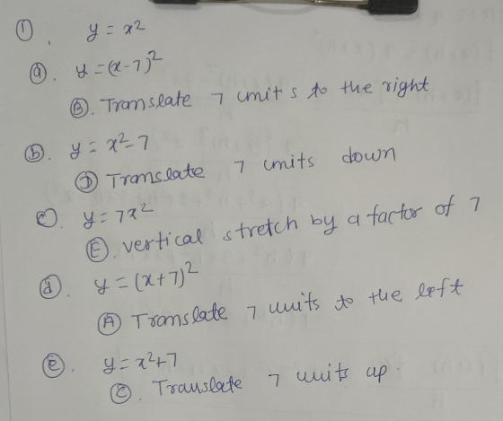 y=x2 0. 6. y = (x-772 ③. Translate 7 units to the right . y = x27 - Translate 7 mits down . Y=702 © vertical stretch by a fac