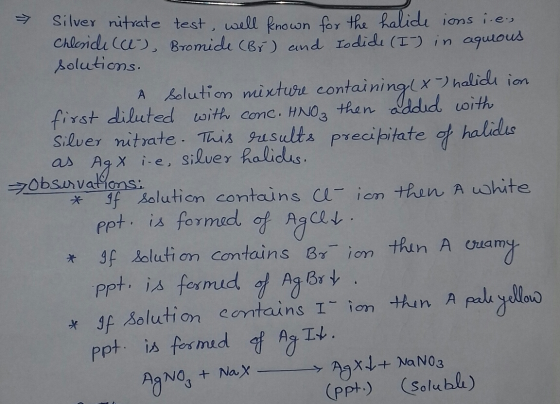 Silver nitrate test, will Rno wn for the Ralidu ions i.e Chleide Cu, Bromide CBr) cand Iodidi (T) in aquous alutions. A oluti