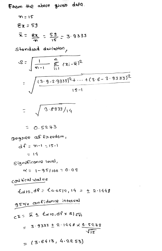 CI= T t €212.dfx slim From the above given data. nais Ex=59 ão ex Ss - 3.9333 standard deviation, S: (xi-x? -1 12) 13.9-3.933