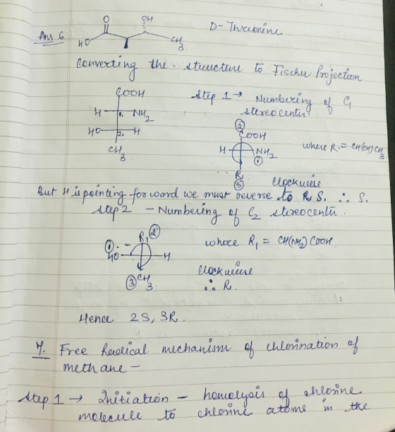 Ans 6 0 GH D -Threonine ㅜ냉 converting the : structure to Fischer Projection GOOH Step 1 - Numbering of a stereo centu! D 40 2