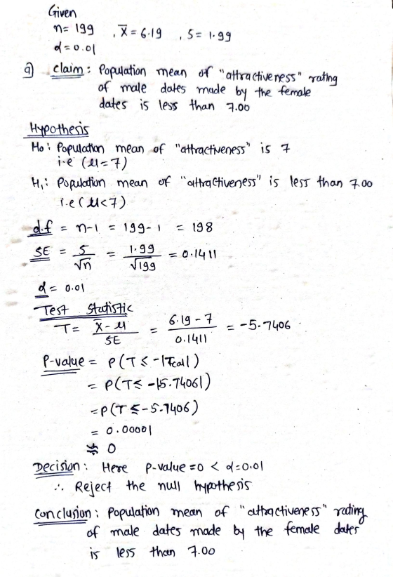 5= 1.99 198 = 5 ووا کہ Given na 199 X = 6.19 d=0.01 9 claim : Population mean of attractiveness rating of male dates made b