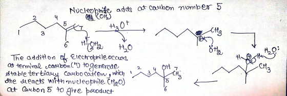 Nucleophile adds at caubon number 5 MI - HOF 6 Hota Ho The addition of Electrophile.occurs at terminal courbon CV) to generat