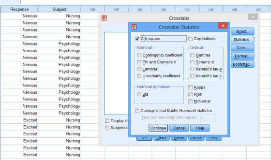 var var v ar v ar var var var var Crosstabs Crosstabs: Statistics Chi-square Correlations Exact... Statistics... Cells... For
