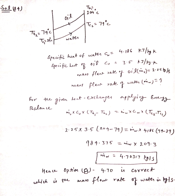 Sol (84) x Tc2= 79°C Th790 Specific heat of water co= 4.186 KI/kg k Specific heat of oil co = 3.5 kJ/kg.k - mass flow rate of