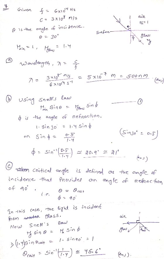 - Given f = 6X10 HZ G= 3x108 mis air M=1 o is the angle of incidence. Surface Glass x My Main =1, H = 1.4 ② wavelength, a= §