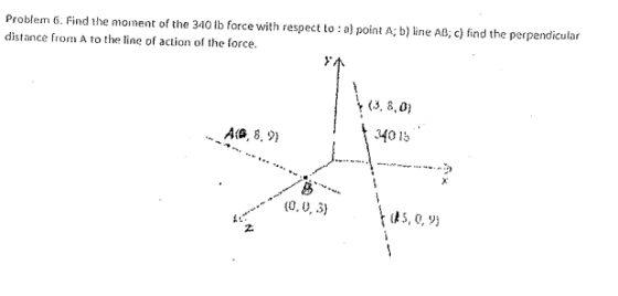 problem 6: Find he moment of the 340 lb force with respect to a) point A. b) ne AB; c) find the perpendicular distance from A to the ne of action of the force. (s. 8.01 AIA, 8, 9) 310 (0, 3) (A5, 0,9)