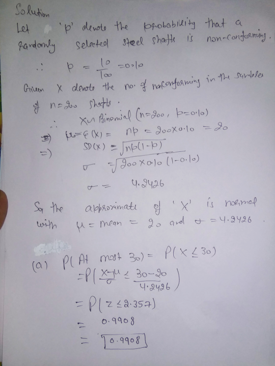Solution Let op denote the probability that a randomly selected steel shafts is non-confurning, b Too Gileen x denote the no.