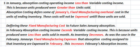 3 In January, absorption costing operating income Less than Variable costing income. This is because units produced were Grea