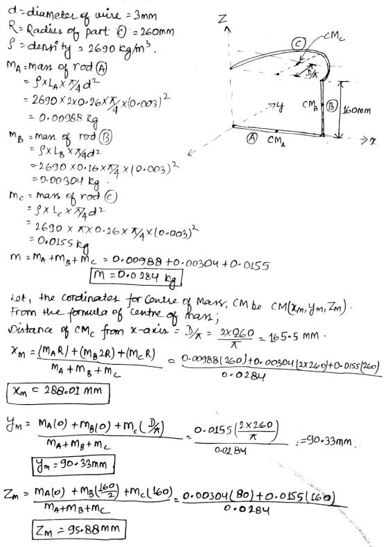 Z 1 -CM. T 74 сть Ф 160мм d-diameter of wire = 3mm R= Radius of part 6 = 260mm $ - density 3 2690 kgm? MA=mass of rod A PXLAX