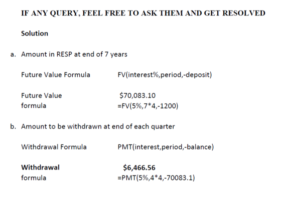 IF ANY QUERY, FEEL FREE TO ASK THEM AND GET RESOLVED Solution a. Amount in RESP at end of 7 years Future Value Formula FV(int