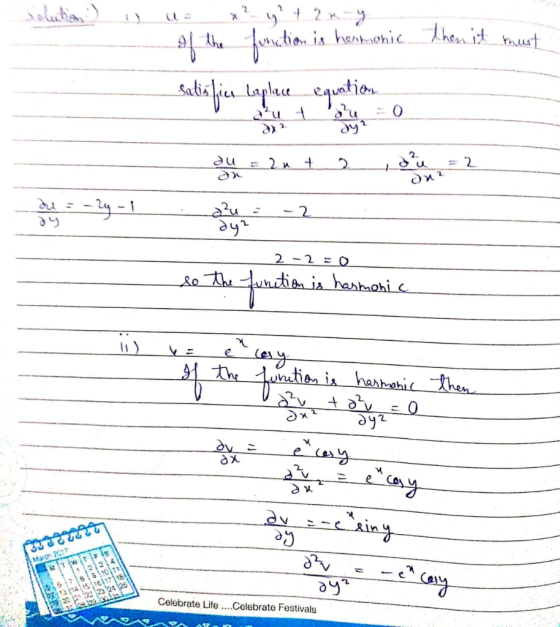 solution) in then it must. u x- y² + 2n you of the function is hormonic satisfica Leplace equation ou = -241 so the 2 -2 =0 f