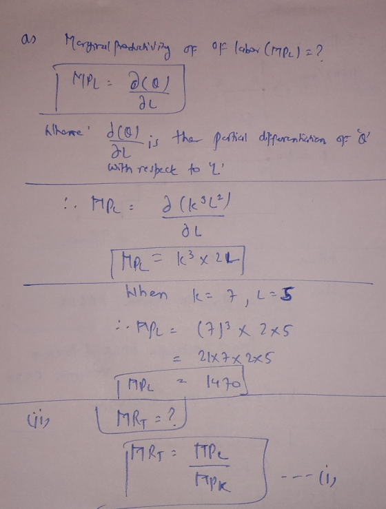 as of labor (MPL) = ? Marginal productivity of i MPL = acol au When a dal is the partial differentiation of ƏL with respect t