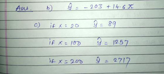 b) ý = - 203 + 14.6K Ans. c) if x 2.20 û = 89 if x=100 û = 1257 if x=200 ý = 2717