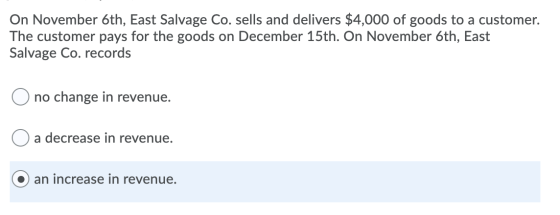 On November 6th, East Salvage Co. sells and delivers $4,000 of goods to a customer. The customer pays for the goods on Decemb