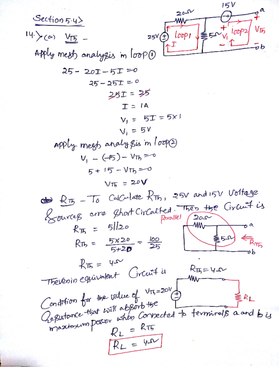 20- W 7 loopo lat H > Section 5:42 14.7 Cous VT5 - 25v loops / 25 v loop2/ Apply mesh analysis in loop L 25- 201-51 70 25 -
