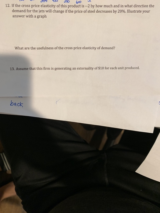 12. If the cross price elasticity of this product is -2 by how much and in what direction the demand for the jets will change if the price of steel decreases by 20%. Illustrate your answer with a graph What are the usefulness of the cross price elasticity of demand? 13. Assume that this firm is generating an externality of $10 for each unit produced. back