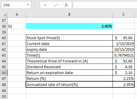 E46 37 38 D 2.95% Stock Spot Price(S Current date expiry date Time(t Theoretical Price of Forward in (A Dividend Received Ret