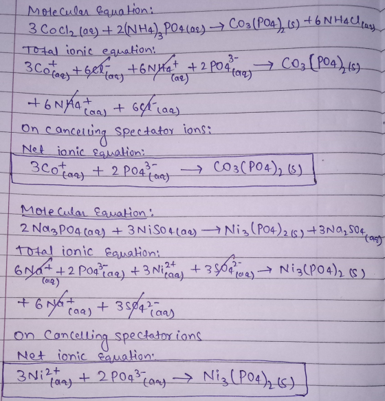 Mole Cиал алло Hon: 3 CoCl2 (92) + 2(NH4), PO4(08) → CO3(PO4), 6) +6 N Ha Ulay Total ionic equation: 3 Cotones+geliones +6Nye