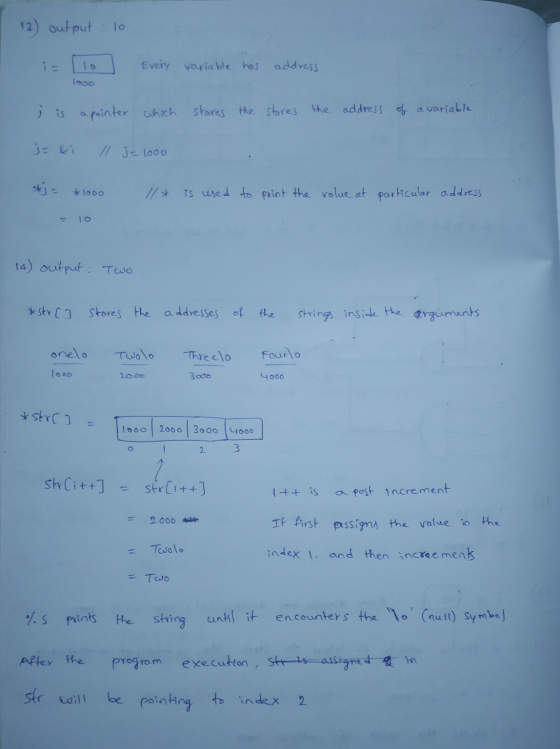 12) output 10 i Tio | Every variable has address looo j is a pointer which stores the stores the address of a variable j=&i 1